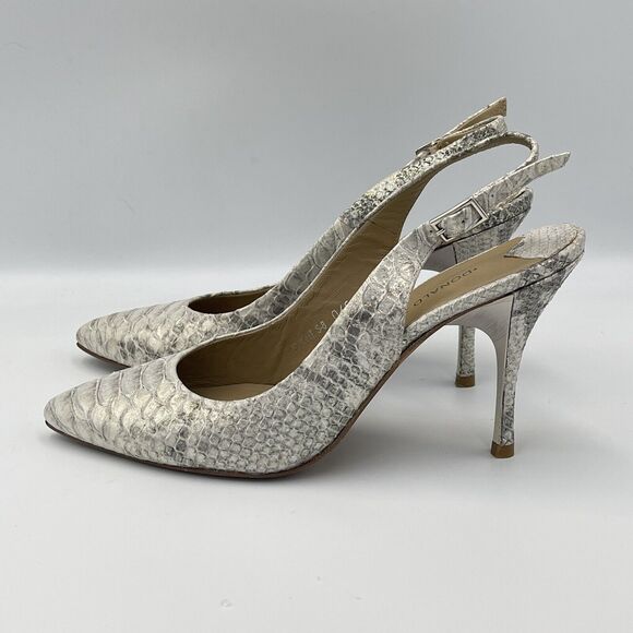Donald J Pliner BRIGHT Leather Slingback Heels WOMENS SIZE 6.5 Shoe Silver Snake - Picture 1 of 7